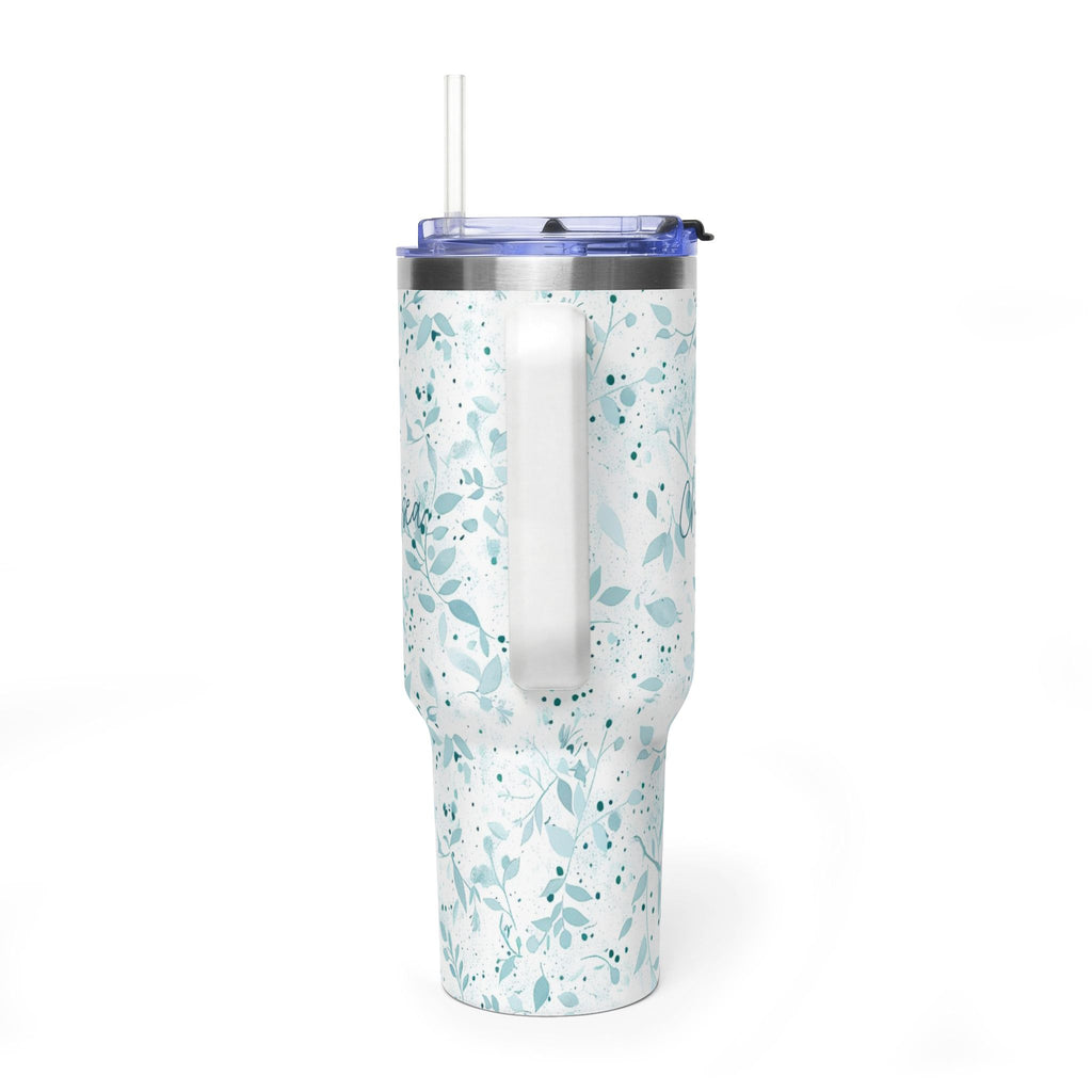 Personalized 40oz Tumbler with Handle - Sage Watercolor Leaf Custom Name