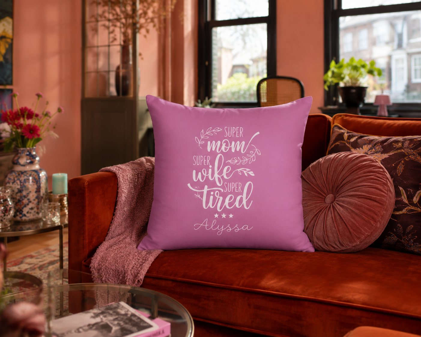 Personalized Super Mom Super Wife Super Tired Pillow - Custom Name Gift for Her