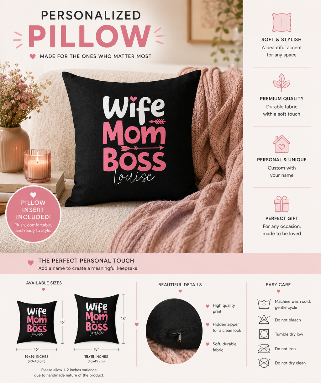Personalized Wife Mom Boss Pillow - Custom Name Gift for Her