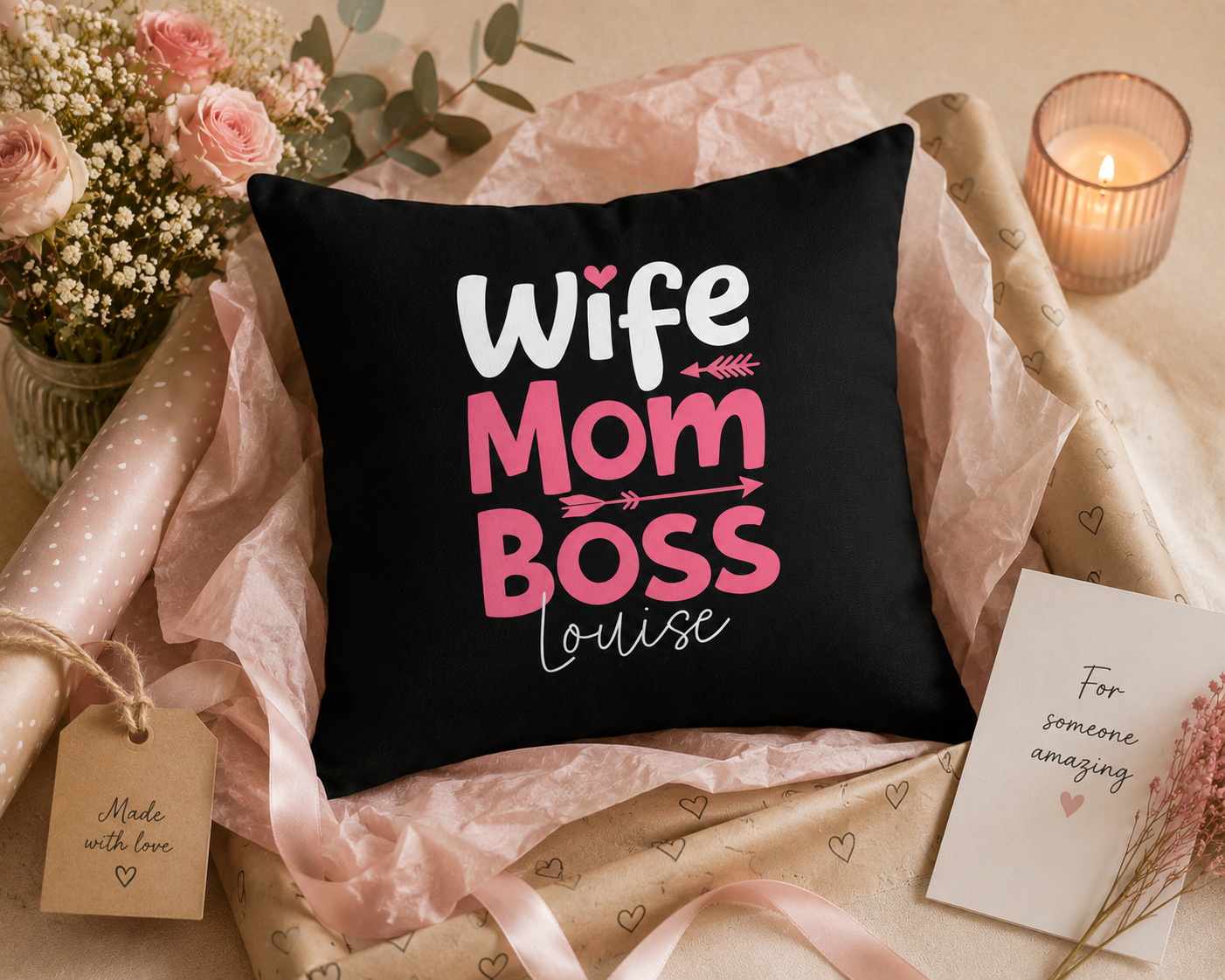 Personalized Wife Mom Boss Pillow - Custom Name Gift for Her