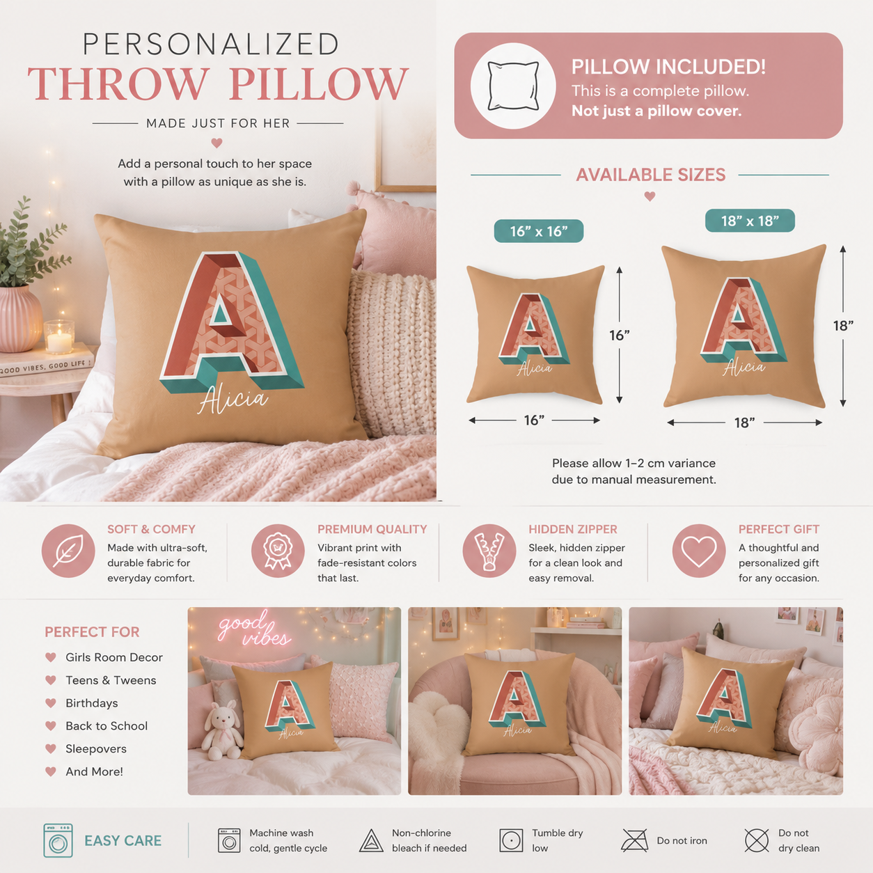 Personalized Initial A Pillow for Her - Custom Name Home Decor