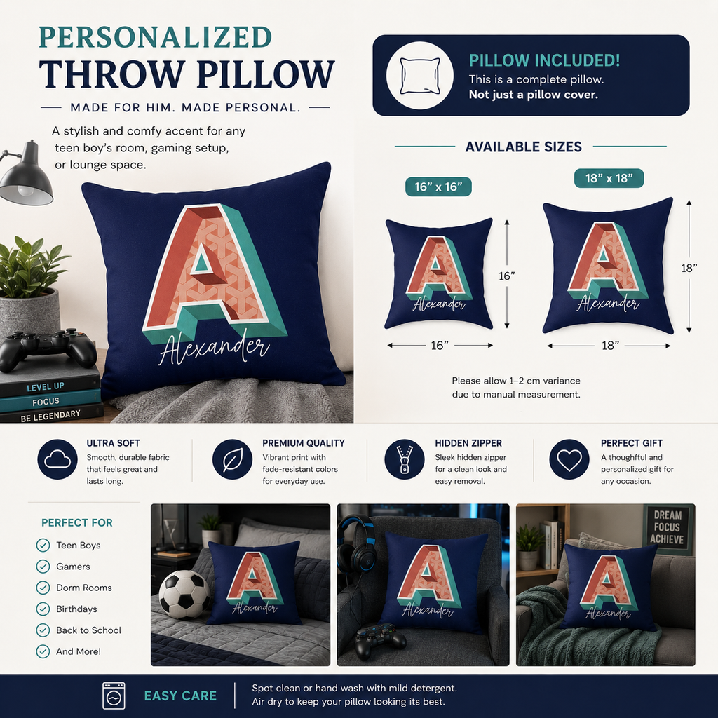 Personalized Initial A Pillow for Him - Custom Name Home Decor