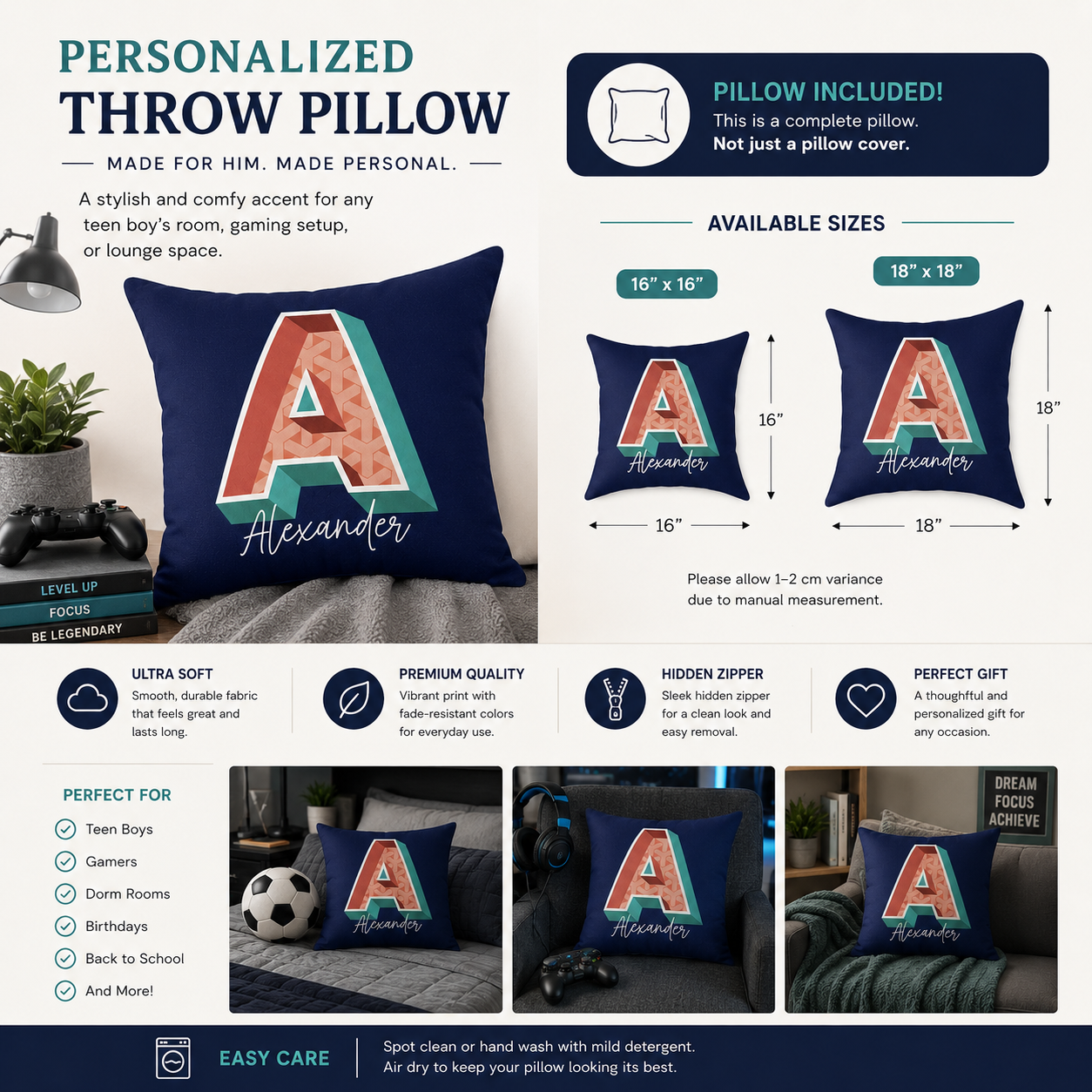 Personalized Initial A Pillow for Him - Custom Name Home Decor