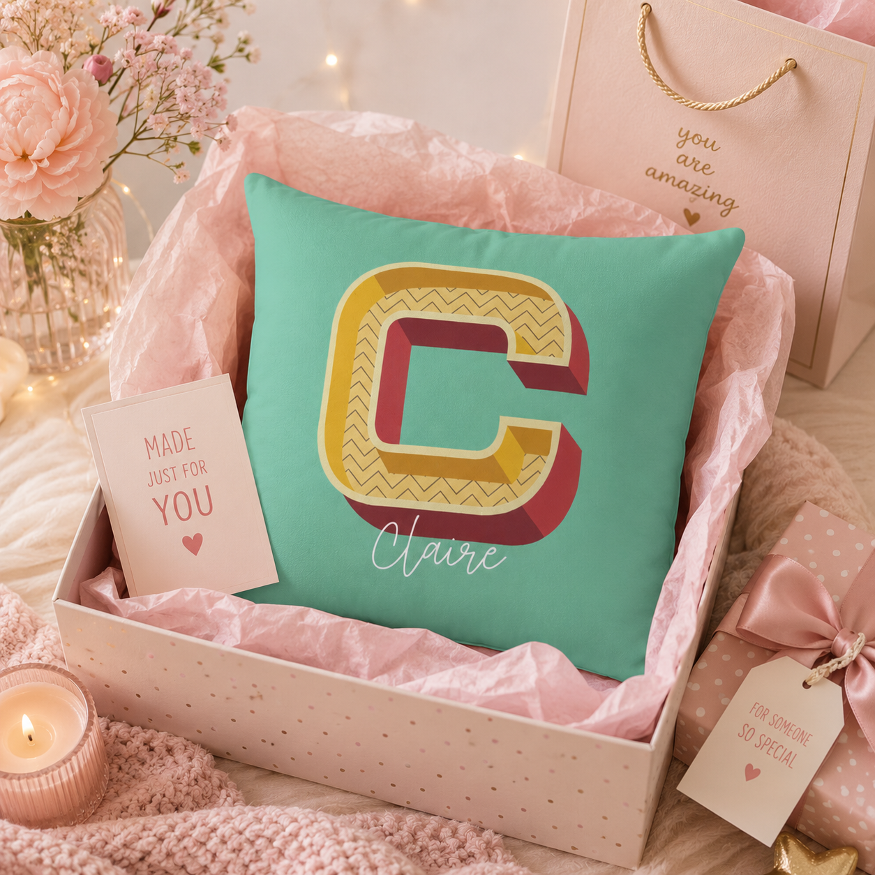 Personalized Initial C Pillow for Her - Custom Name Home Decor