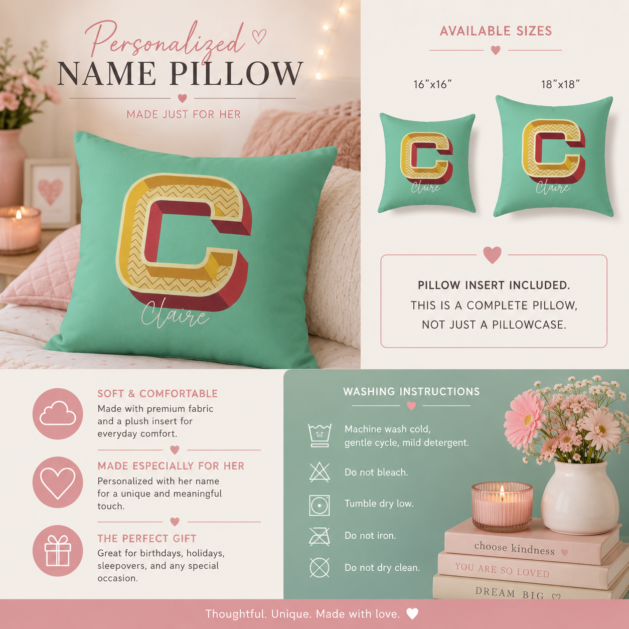 Personalized Initial C Pillow for Her - Custom Name Home Decor