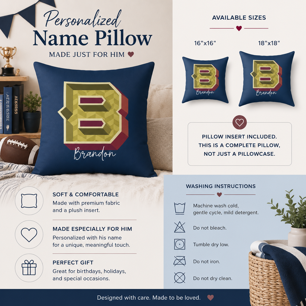 Personalized Initial B Pillow for Him - Custom Name Home Decor