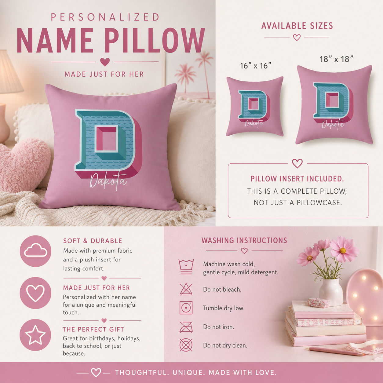 Personalized Initial D Pillow for Her - Custom Name Home Decor