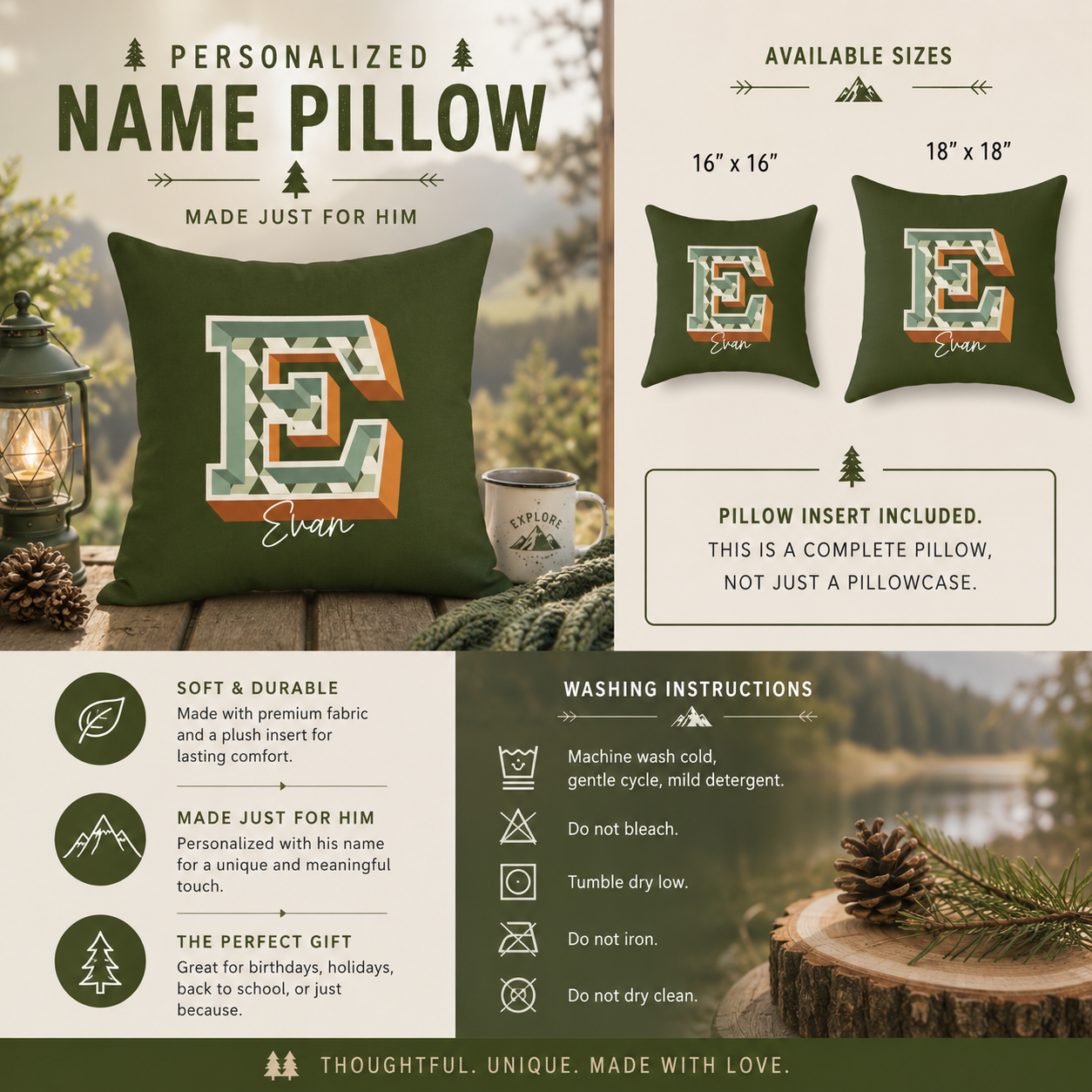 Personalized Initial E Pillow for Him - Custom Name Home Decor