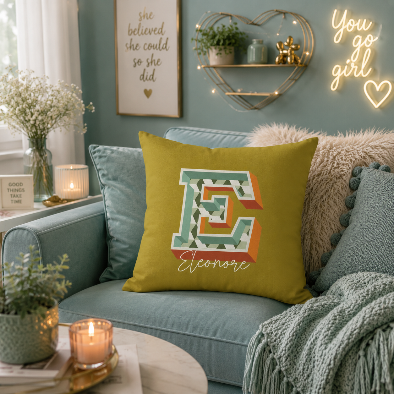 Personalized Initial E Pillow for Her - Custom Name Home Decor