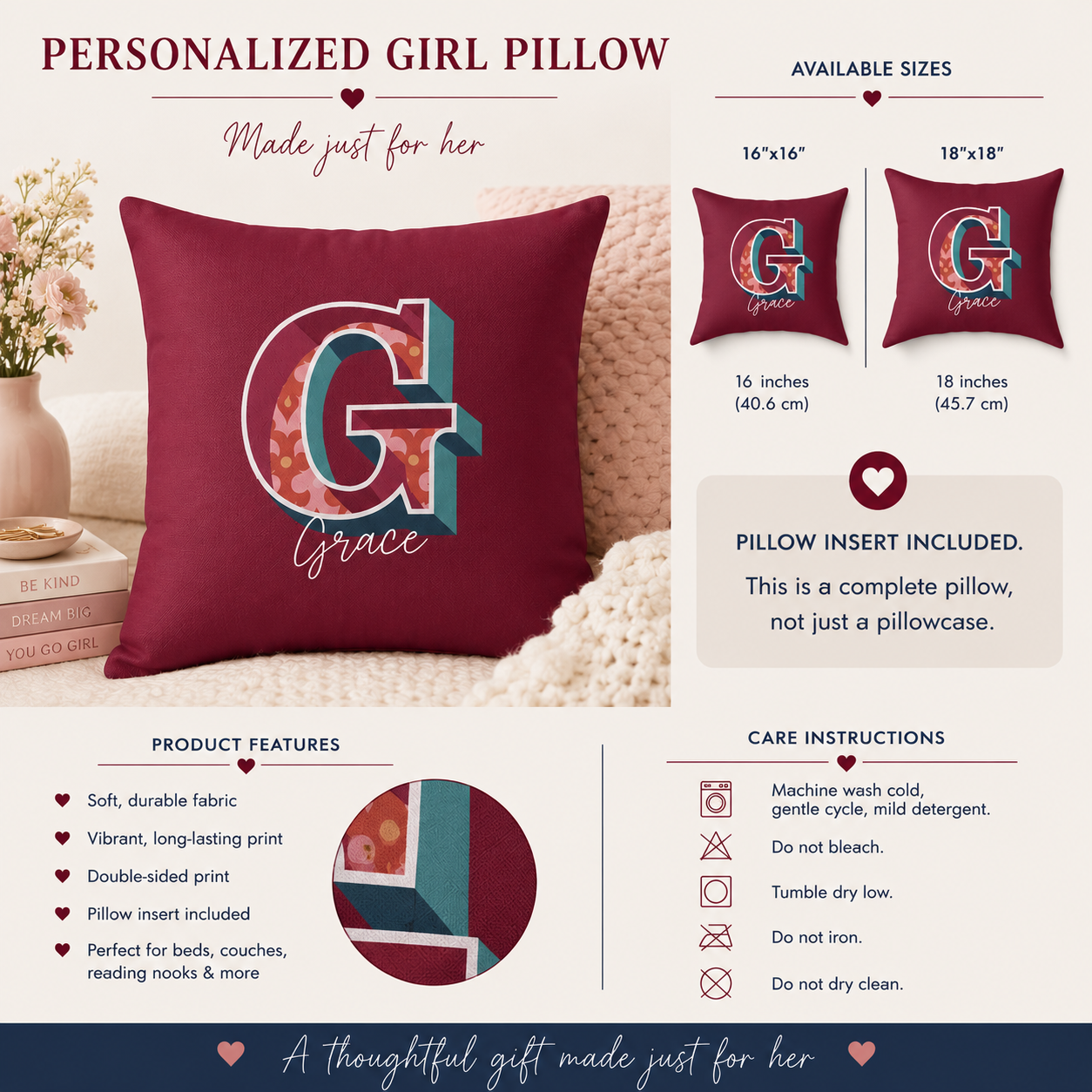 Personalized Initial G Pillow for Her - Custom Name Home Decor