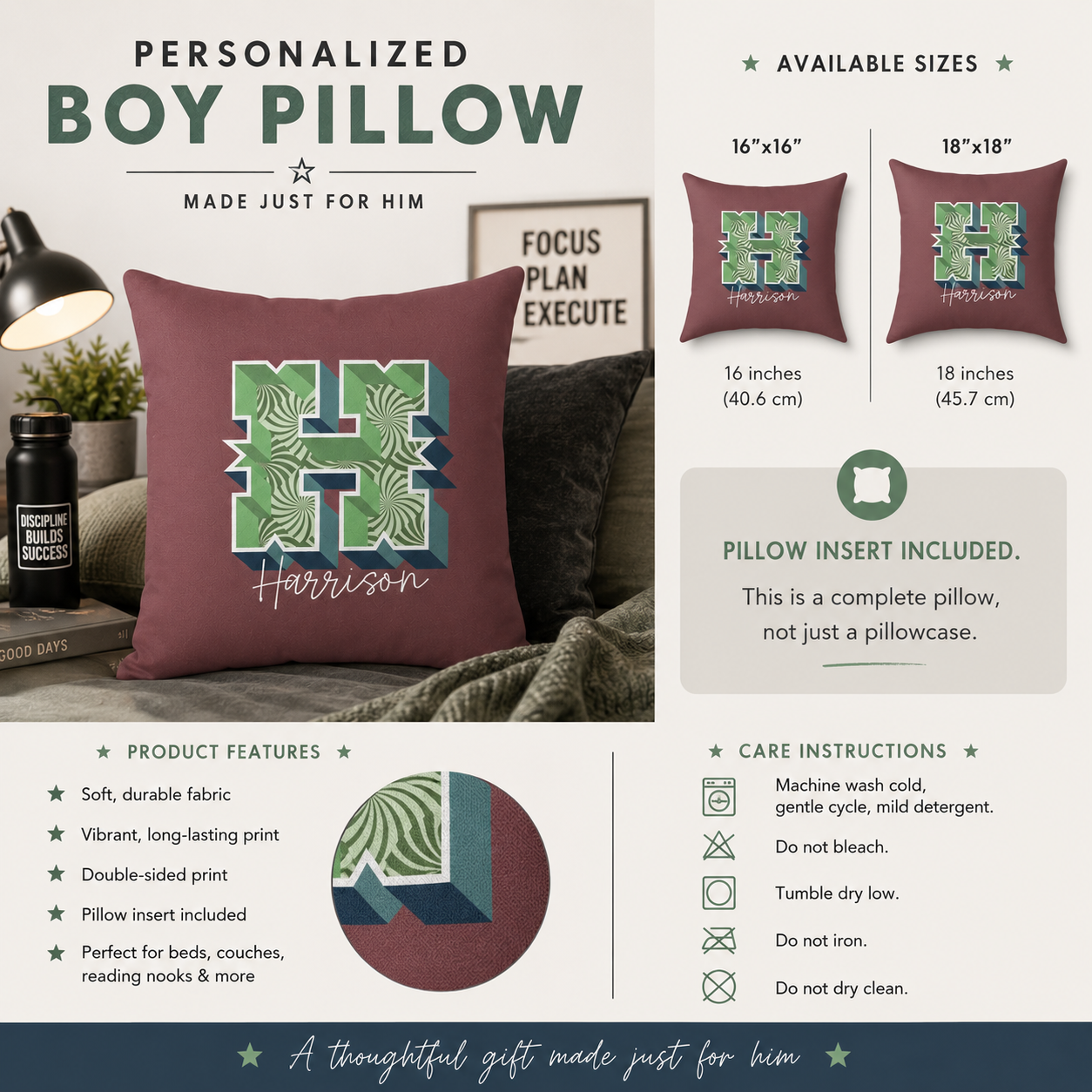 Personalized Initial H Pillow for Him - Custom Name Home Decor