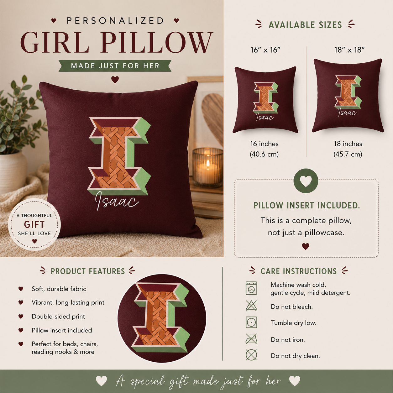 Personalized Initial I Pillow for Him - Custom Name Home Decor