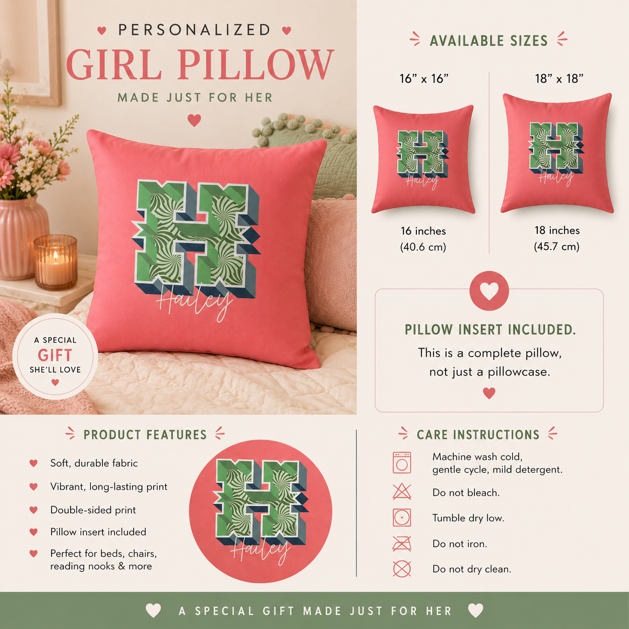 Personalized Initial H Pillow for Her - Custom Name Home Decor