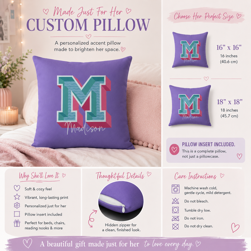 Personalized Initial M Pillow for Her - Custom Name Home Decor