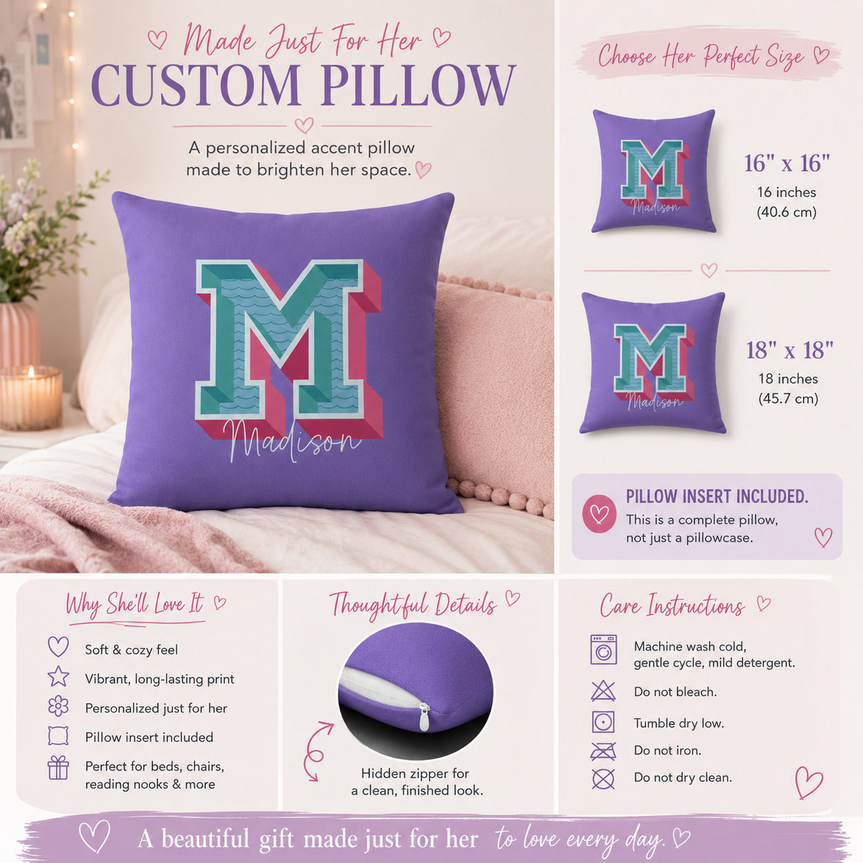 Personalized Initial M Pillow for Her - Custom Name Home Decor