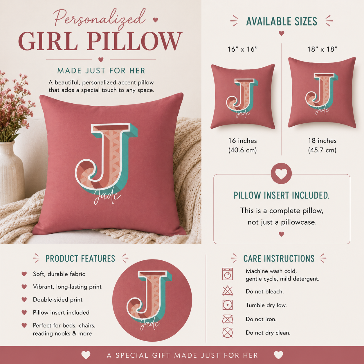 Personalized Initial J Pillow for Her - Custom Name Home Decor