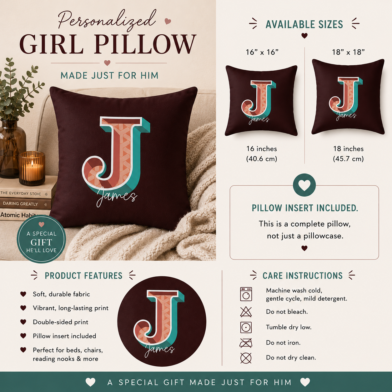 Personalized Initial J Pillow for Him - Custom Name Home Decor