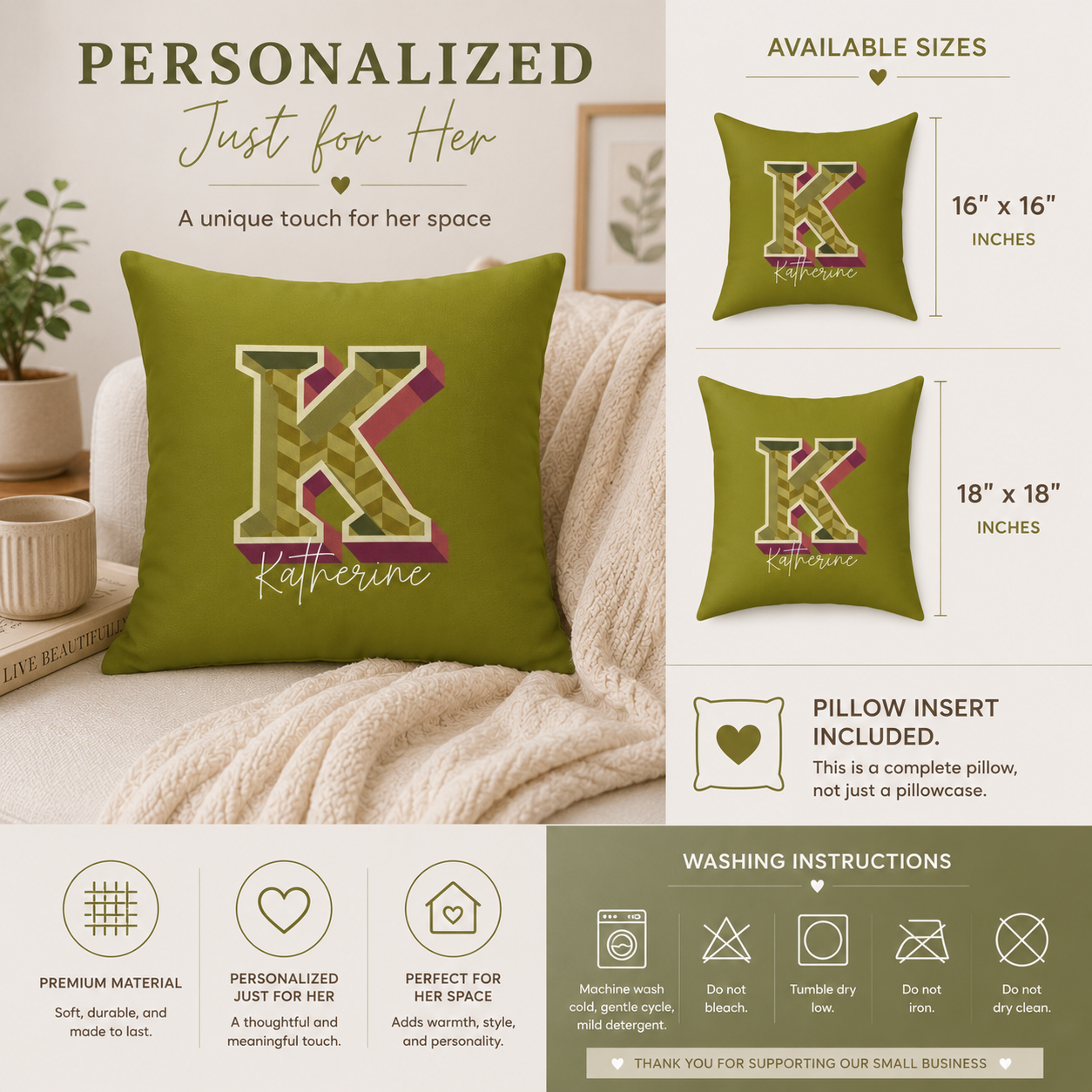 Personalized Initial K Pillow for Her - Custom Name Home Decor