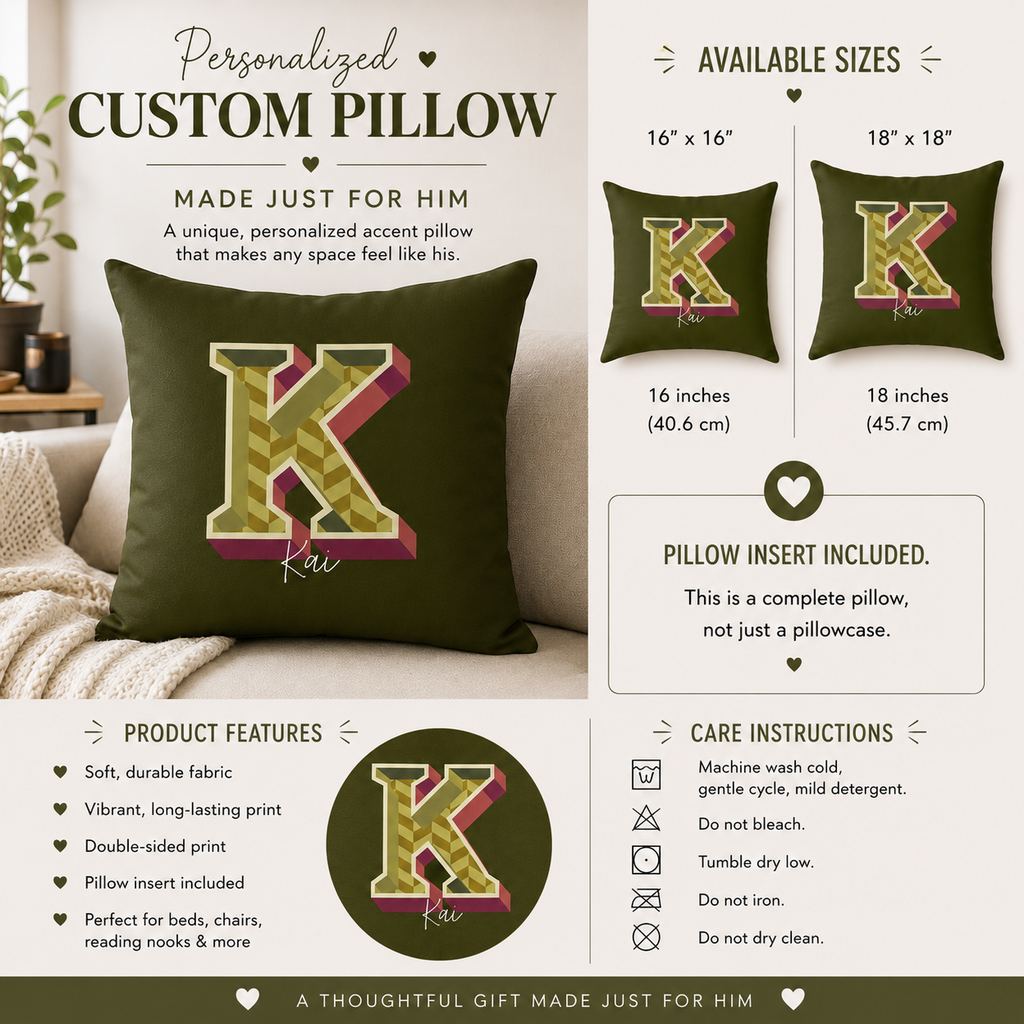 Personalized Initial K Pillow for Him - Custom Name Home Decor