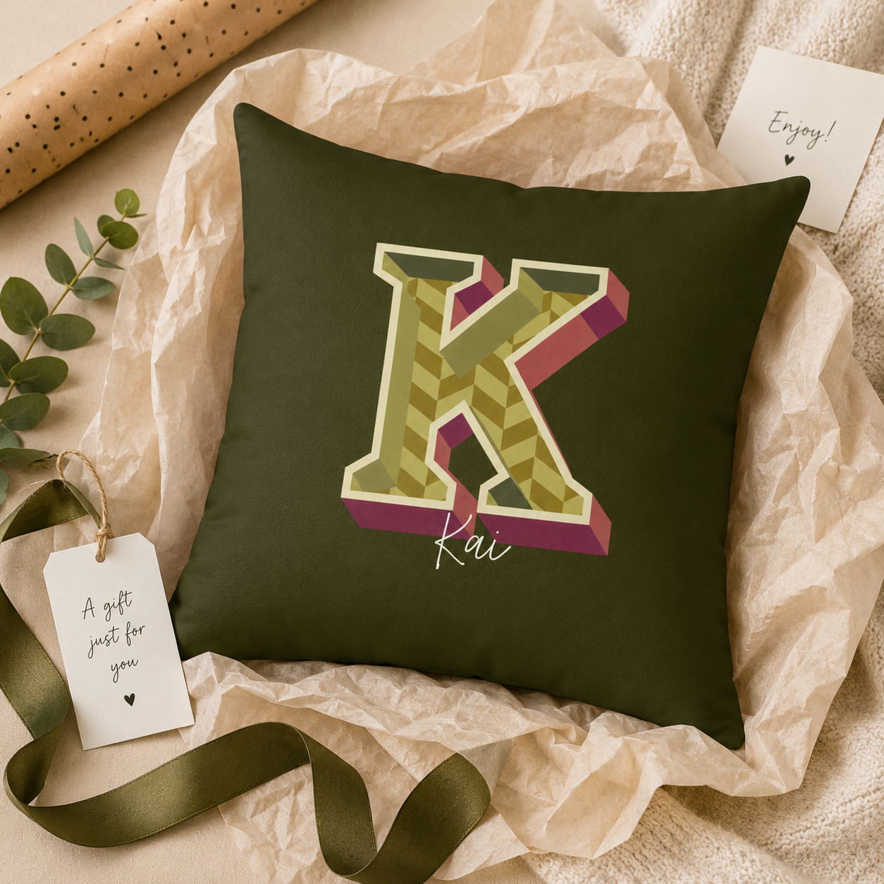 Personalized Initial K Pillow for Him - Custom Name Home Decor
