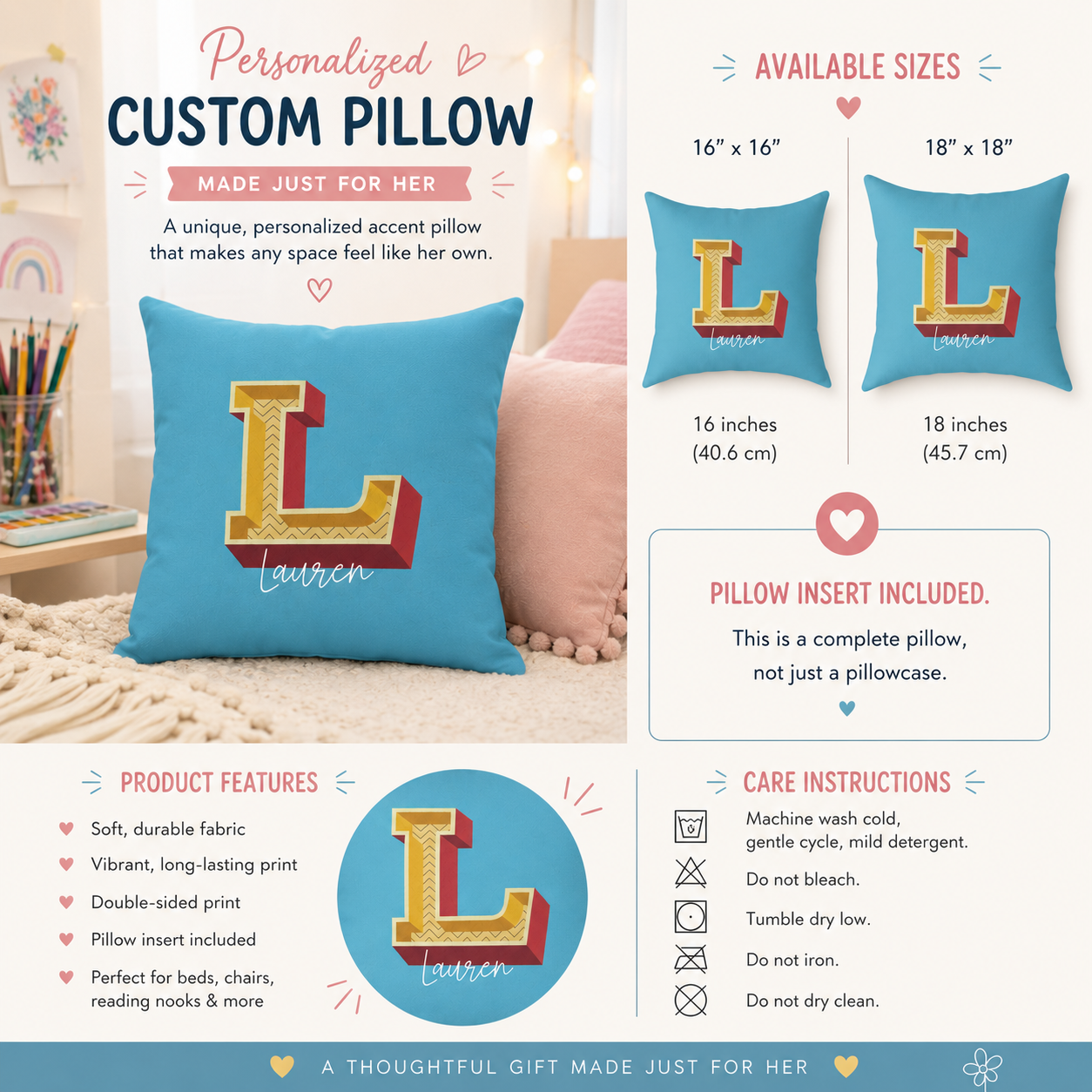 Personalized Initial L Pillow for Her - Custom Name Home Decor