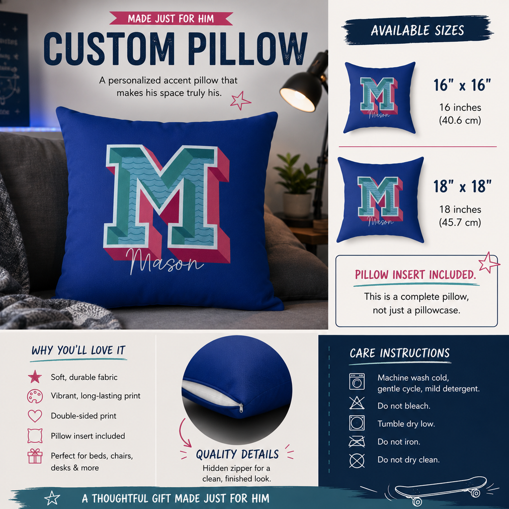 Personalized Initial M Pillow for Him - Custom Name Home Decor
