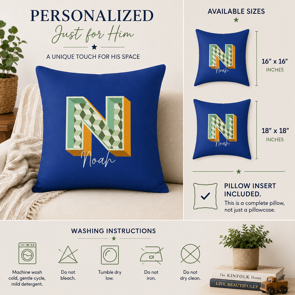 Personalized Initial N Pillow for Him - Custom Name Home Decor