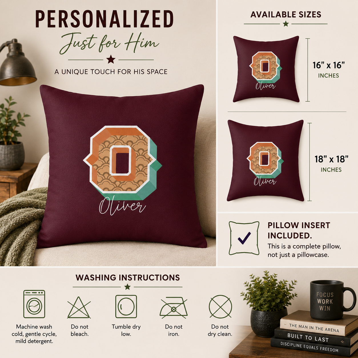 Personalized Initial O Pillow for Him - Custom Name Home Decor