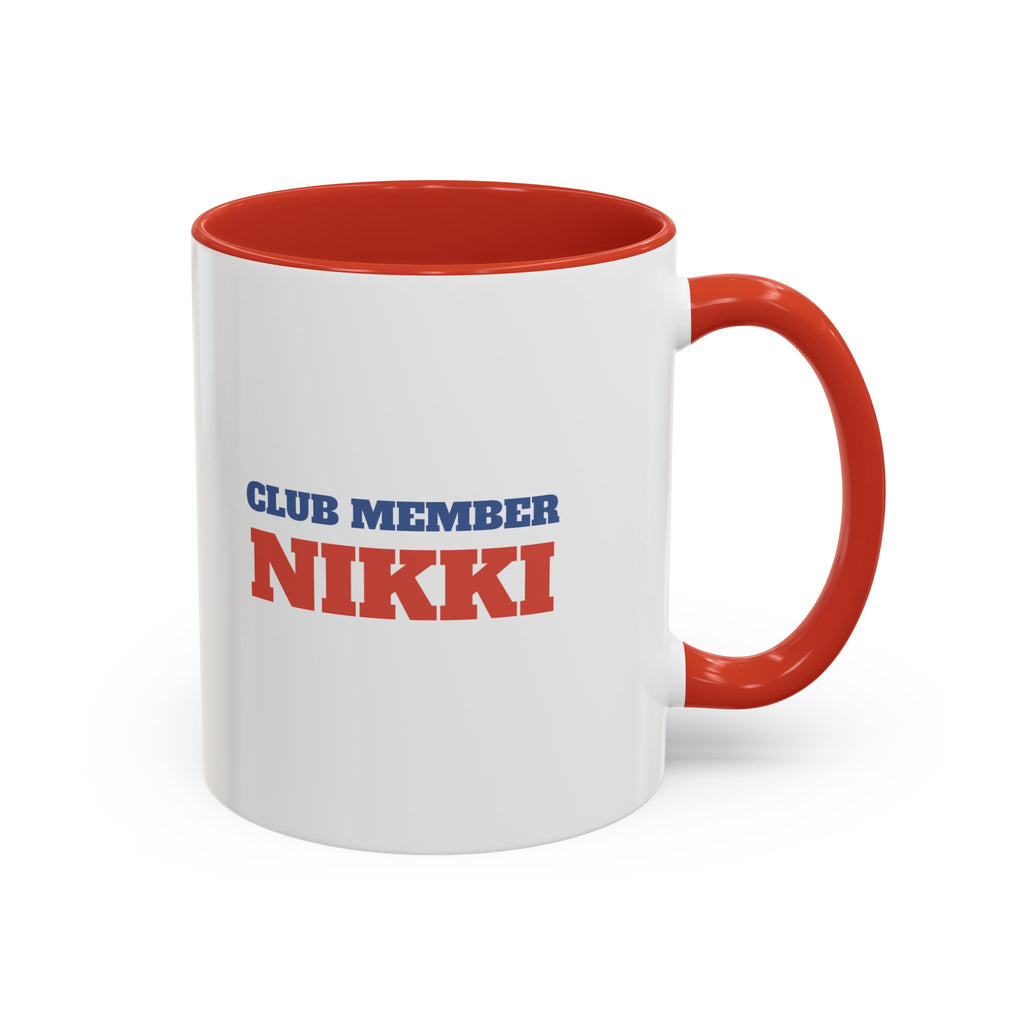 Tired Moms Summer Club mug right side close up showing personalized Club Member name