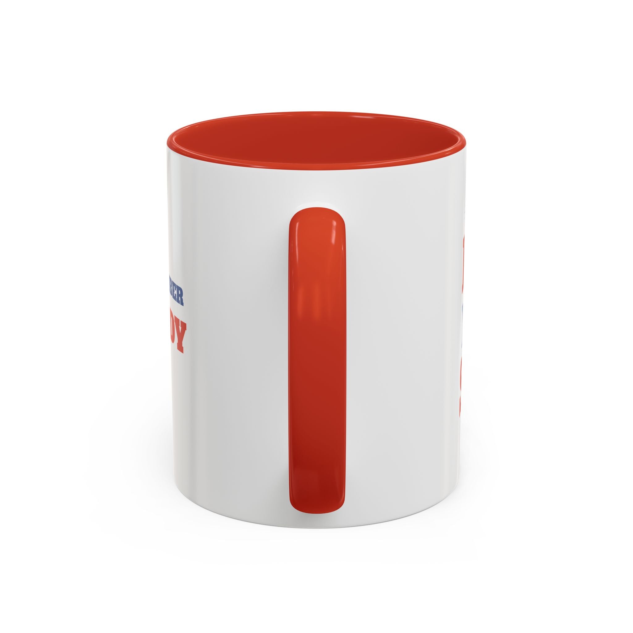Tired Moms Summer Club mug back view showing red handle on white ceramic