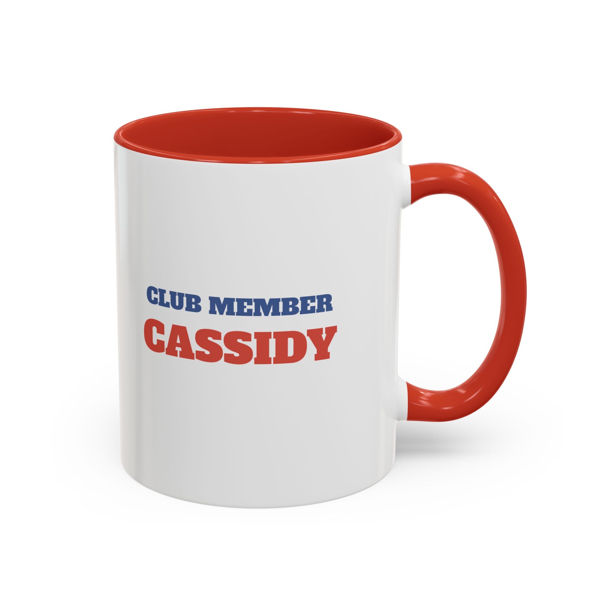 Tired Moms Summer Club mug right side view showing personalized Club Member name in blue and red