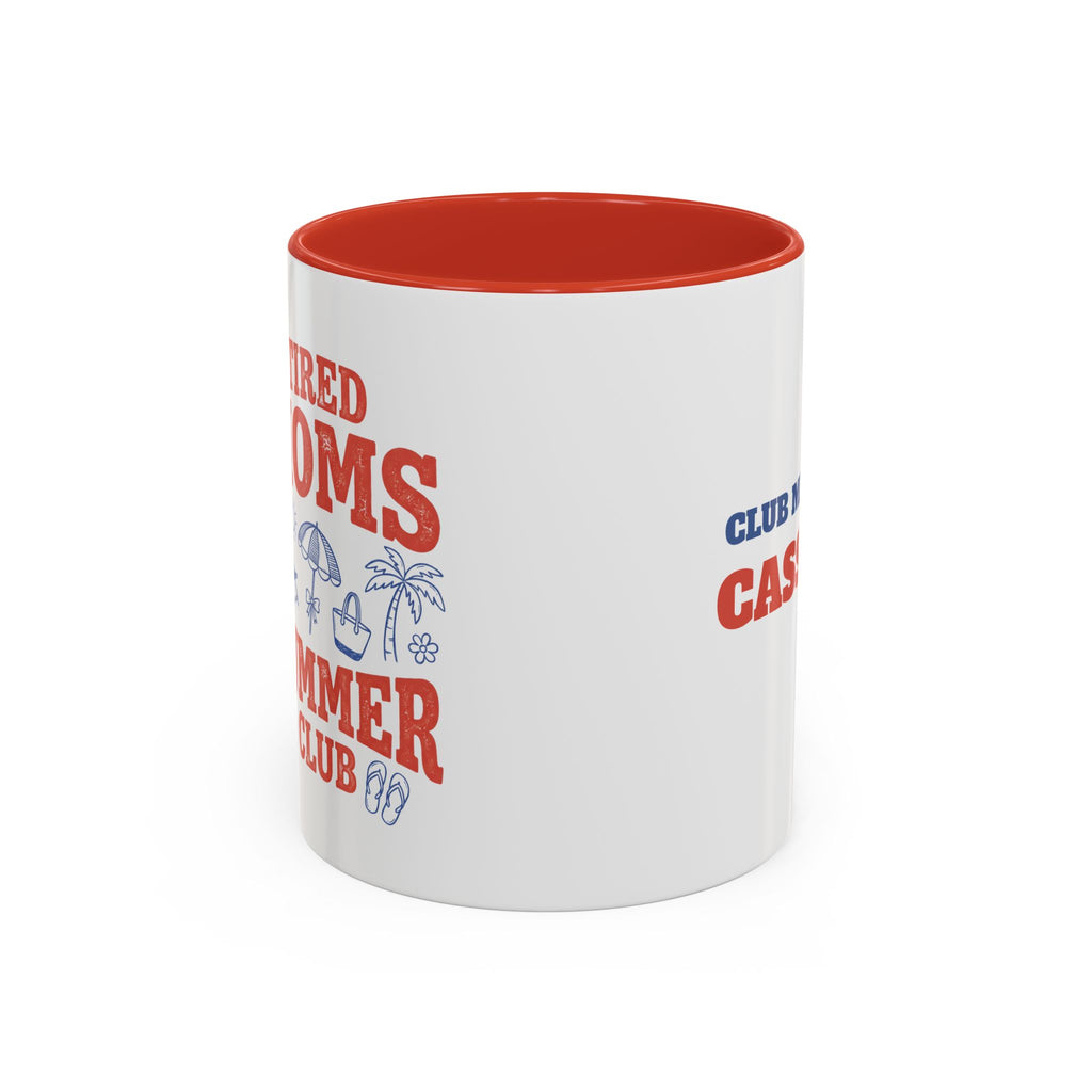 Tired Moms Summer Club mug right side view showing personalized Club Member name, angled