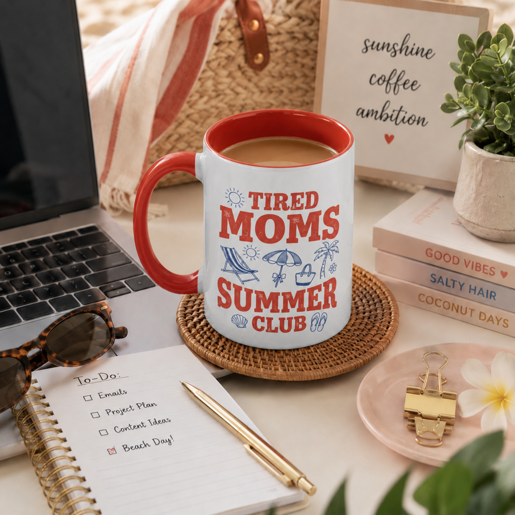 Tired Moms Summer Club mug styled on a desk with coffee, notebook and sunglasses
