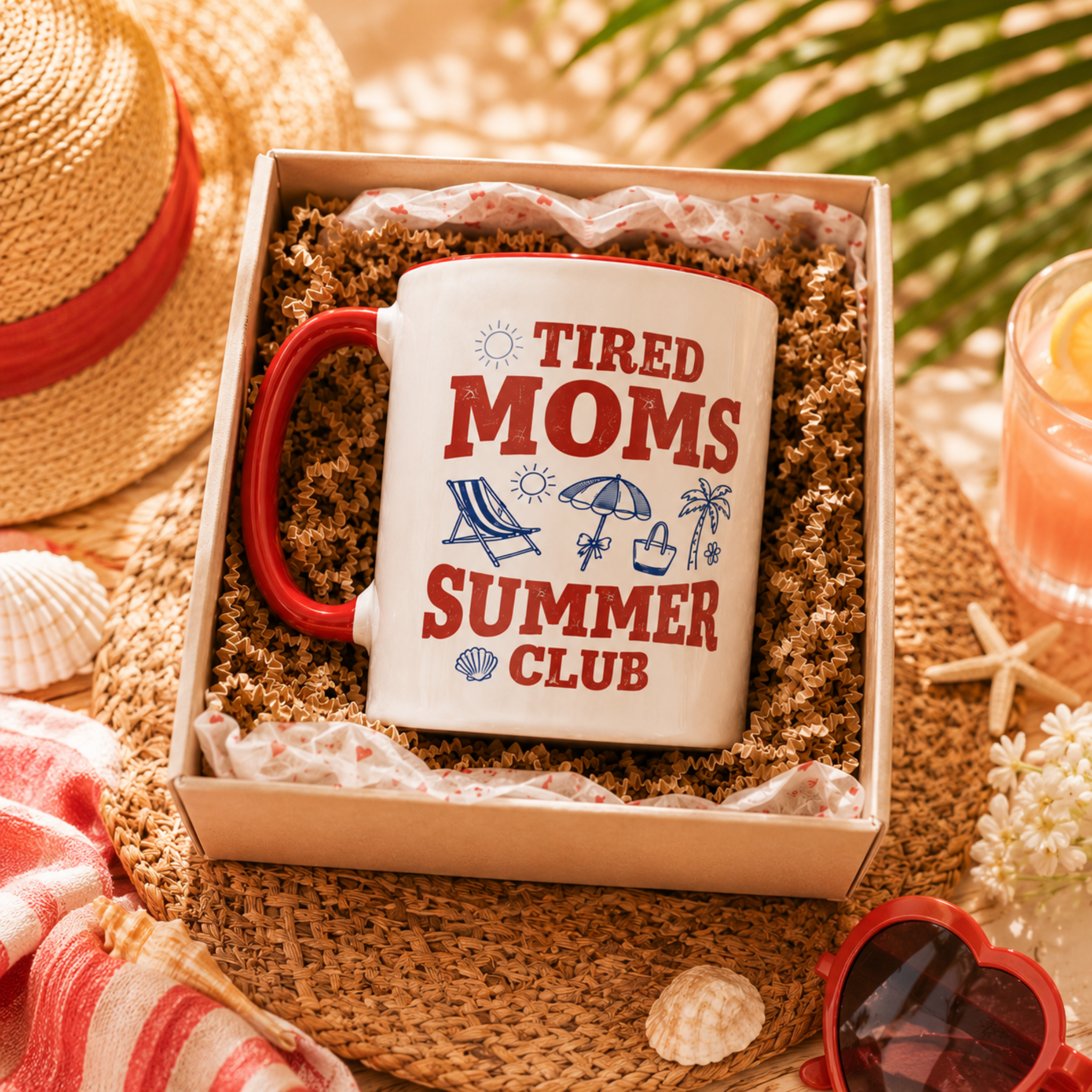 Personalized Tired Moms Summer Club mug packaged in a gift box with beach themed styling