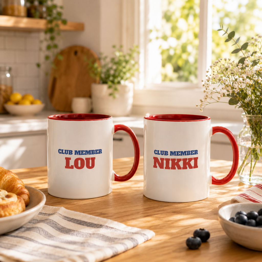 Two personalized Tired Moms Summer Club mugs with Club Member names on a kitchen counter