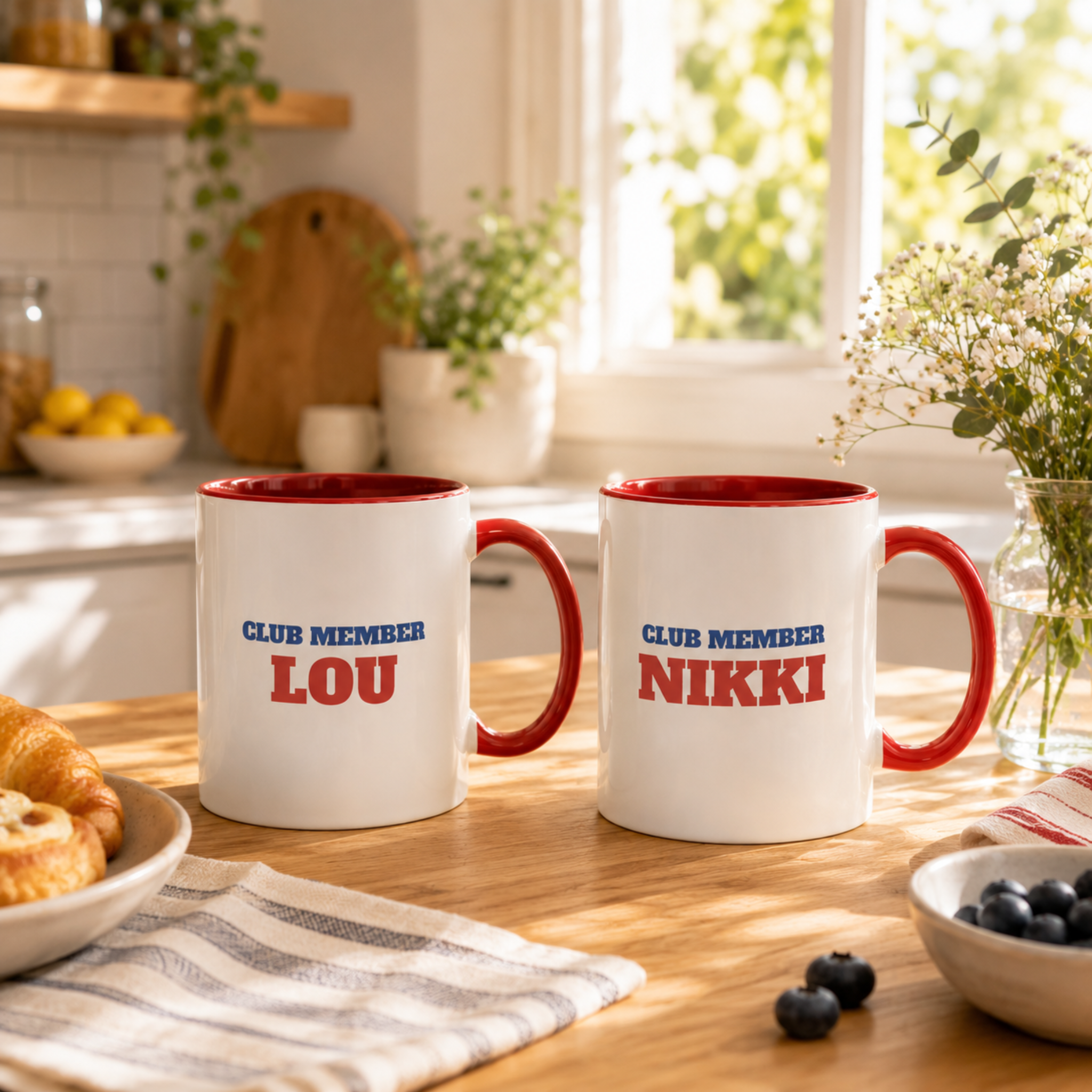 Two personalized Tired Moms Summer Club mugs with Club Member names on a kitchen counter
