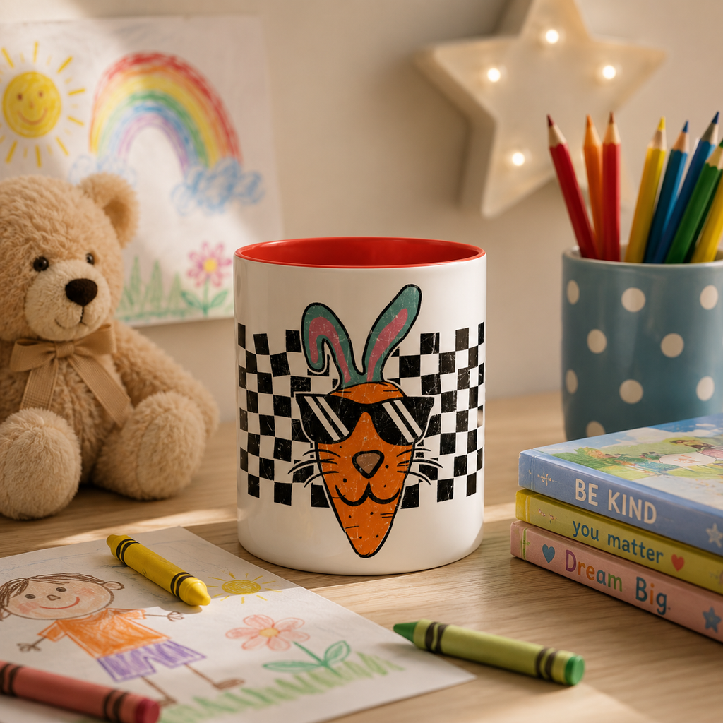 Personalized Cool Carrot Bunny Mug - Retro Checkerboard Custom Name