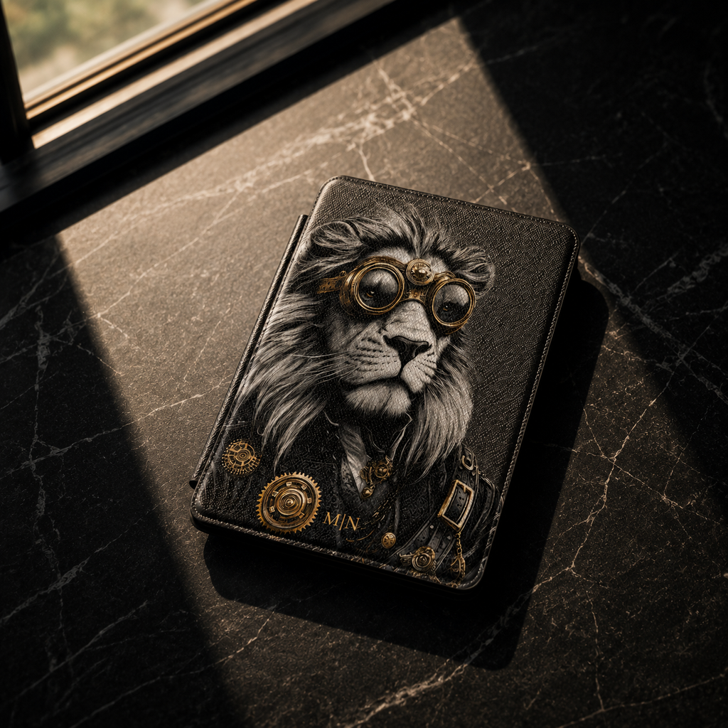 A black leather journal featuring a detailed steampunk lion illustration with goggles and gold-toned gear accents, resting on a dark marble surface near a window with dramatic sunlight and shadows.
