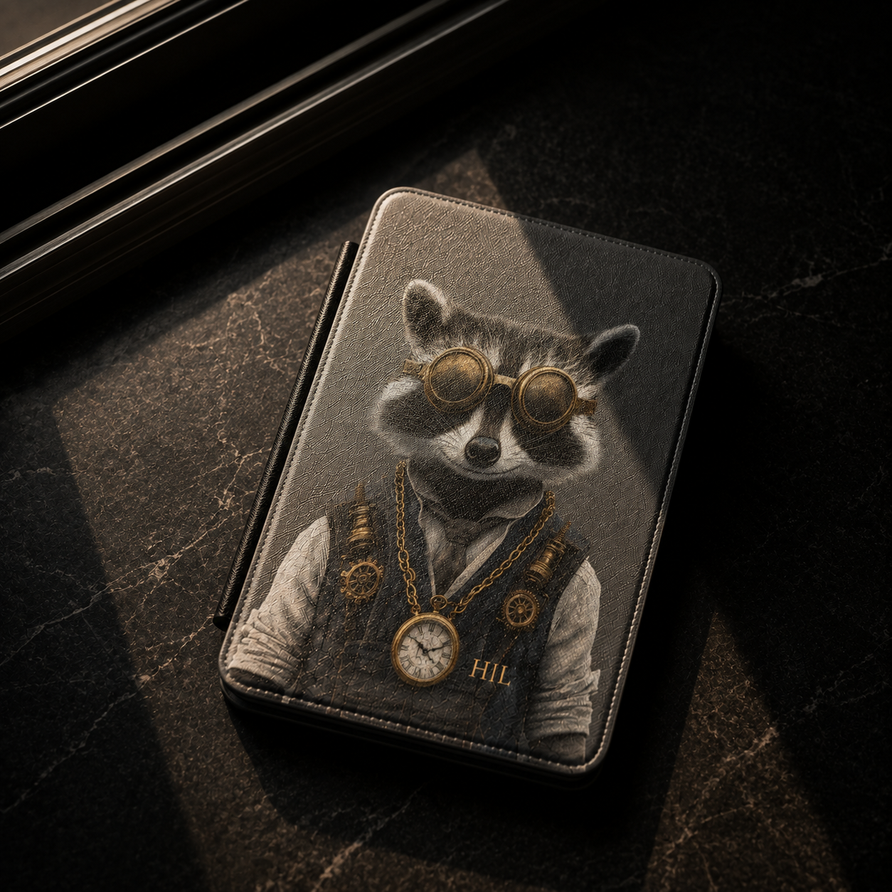 A dark textured leather kindle case featuring a detailed illustration of a raccoon dressed in steampunk attire with goggles, a vest, and a pocket watch, resting on a dark marble surface.