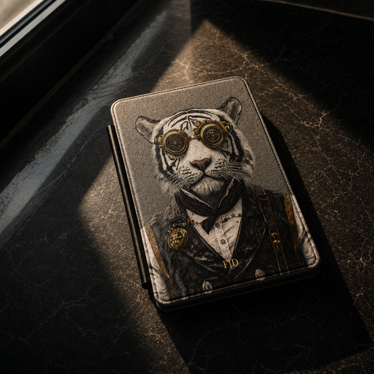 A rectangular kindle case with a printed steampunk tiger illustration, photographed on a dark stone surface in dramatic sunlight.