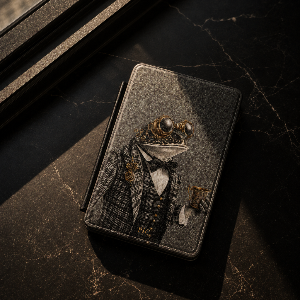 A dark textured kindle case cover featuring a steampunk frog illustration dressed in vintage formalwear, placed on a dark marble surface with dramatic diagonal lighting.