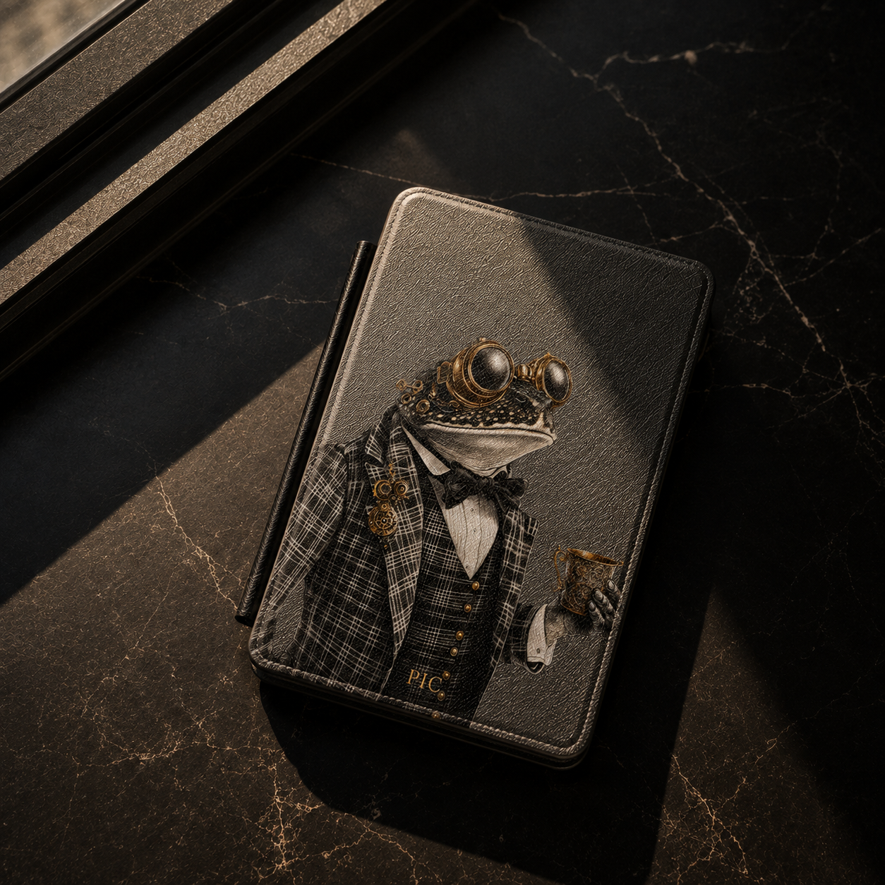 A dark textured kindle case cover featuring a steampunk frog illustration dressed in vintage formalwear, placed on a dark marble surface with dramatic diagonal lighting.