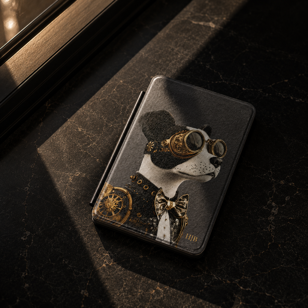 A slim black leather kindle case featuring a steampunk-style dog illustration with gold goggles, a bow tie, and ornate gold mechanical details, photographed on a dark marble surface with dramatic sunlight and shadows.
