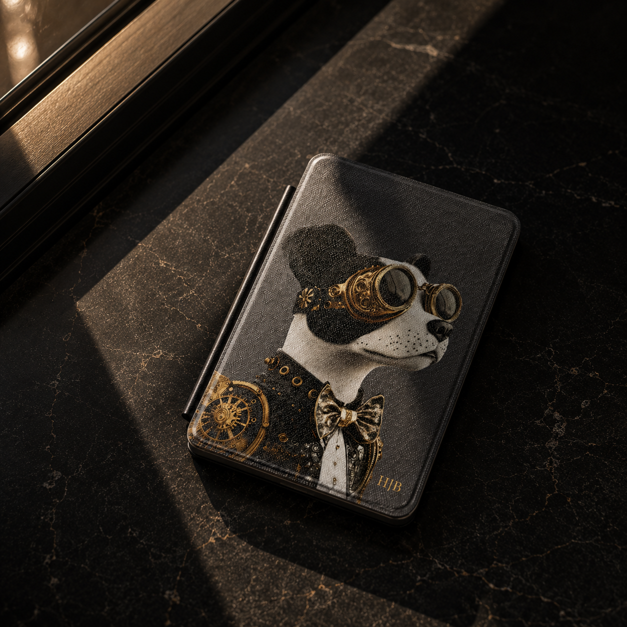 A slim black leather kindle case featuring a steampunk-style dog illustration with gold goggles, a bow tie, and ornate gold mechanical details, photographed on a dark marble surface with dramatic sunlight and shadows.