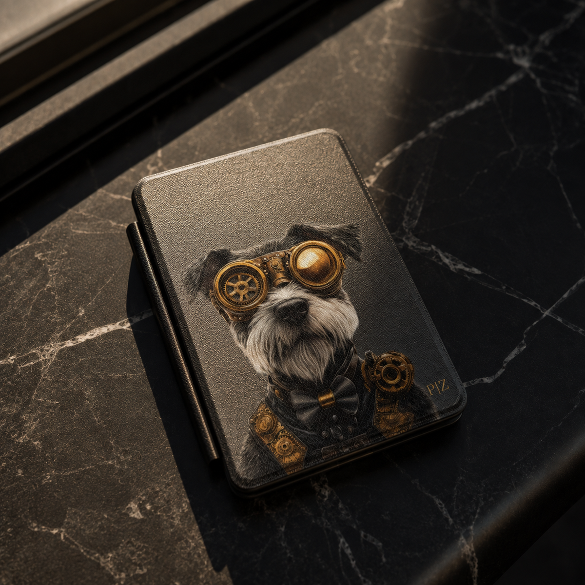 A rectangular black kindle case with rounded corners, featuring a steampunk-style illustration of a small dog wearing gold goggles and a bow tie, placed on a dark marble surface.