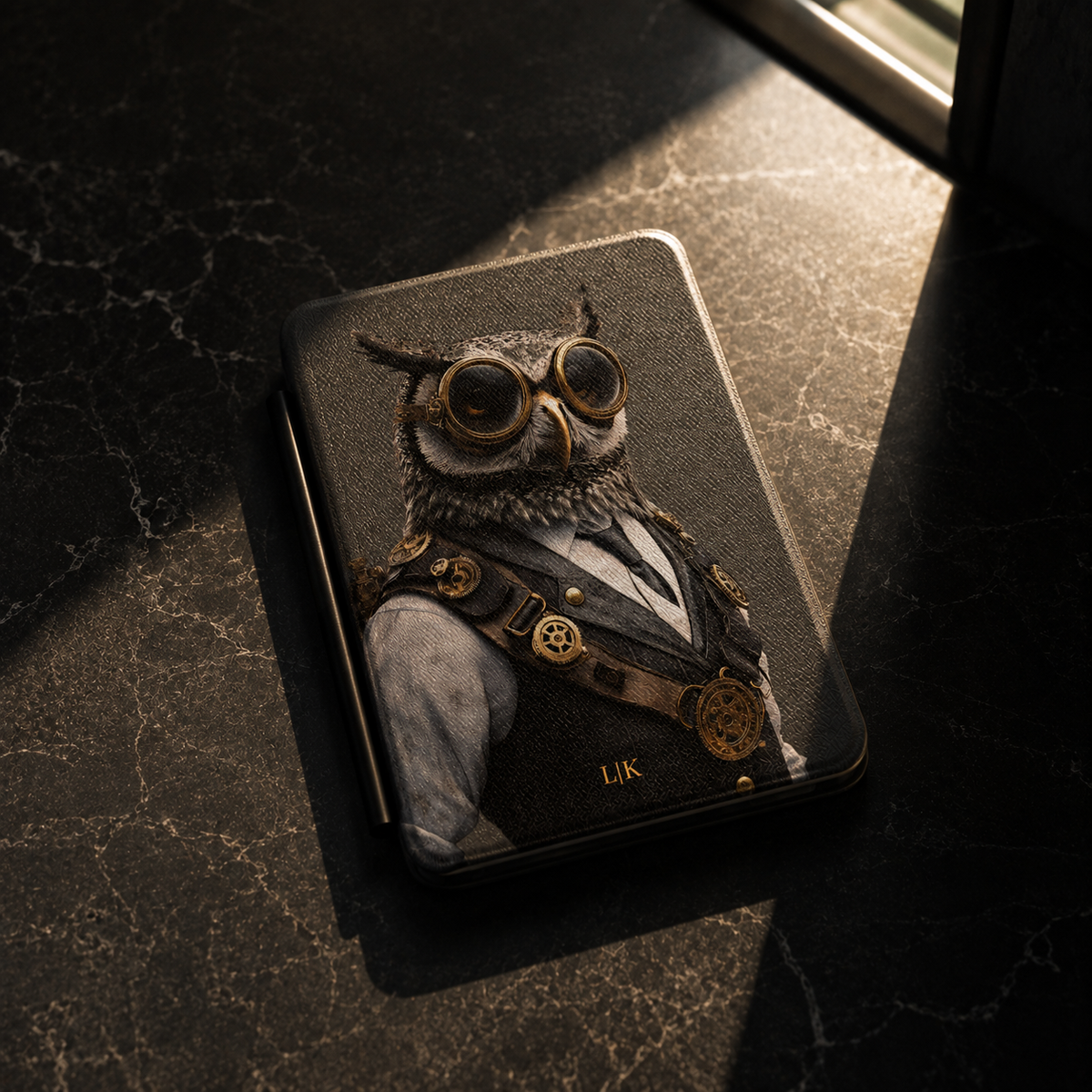 A rectangular hard case with rounded corners lies on a dark marble surface in dramatic sunlight. The case features an illustrated owl dressed in a formal suit and vest with goggles, plus gold-tone gear details and the initials 'L|K' near the bottom.