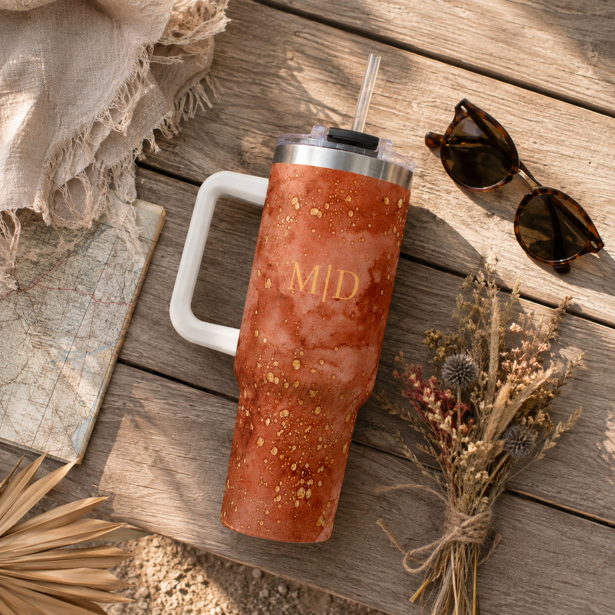 Personalized 40oz Tumbler with Handle - Rust Marble Custom Initials