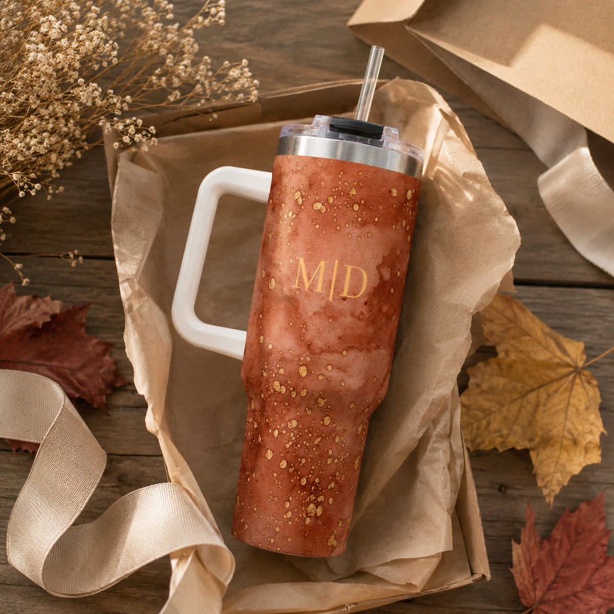 Personalized 40oz Tumbler with Handle - Rust Marble Custom Initials