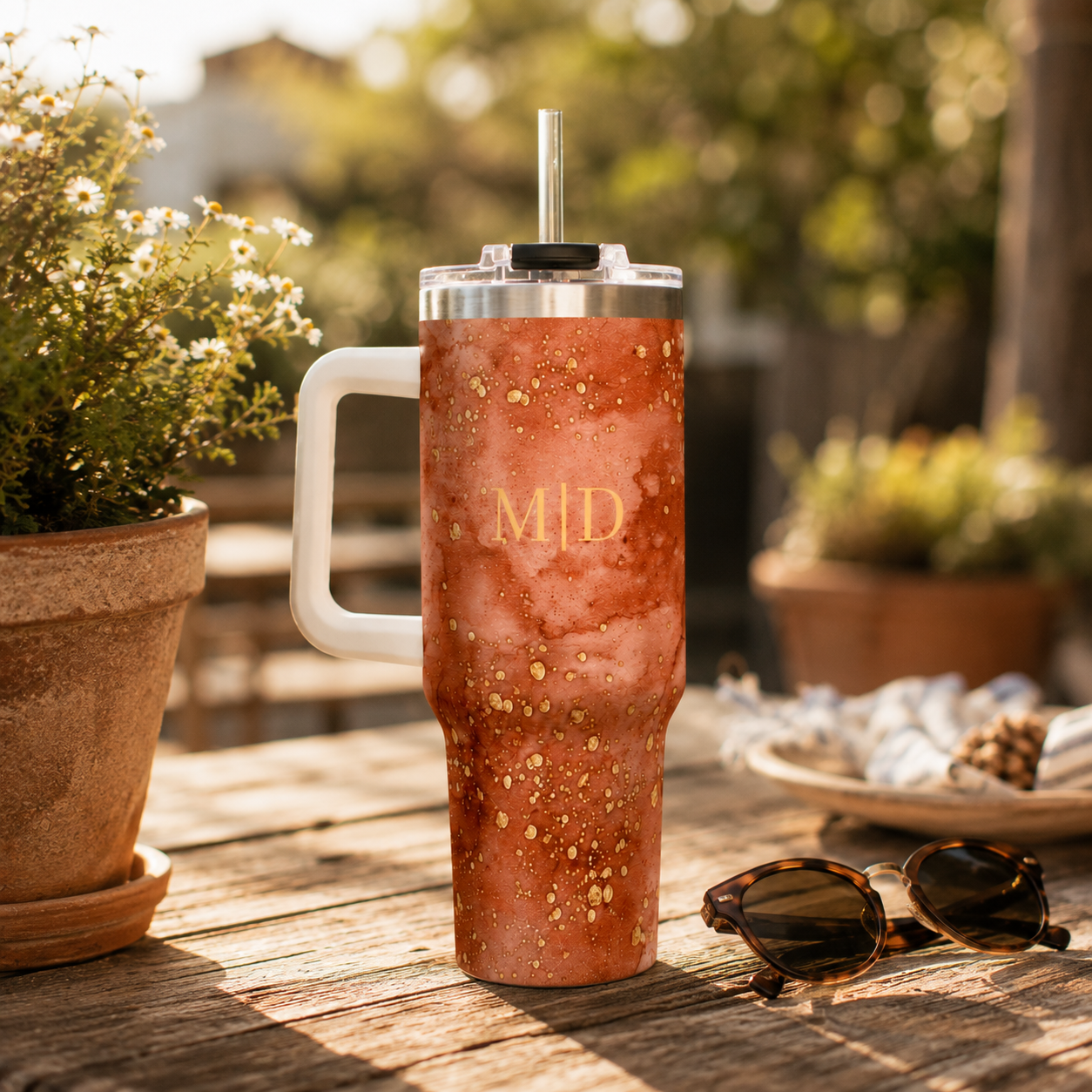 Personalized 40oz Tumbler with Handle - Rust Marble Custom Initials