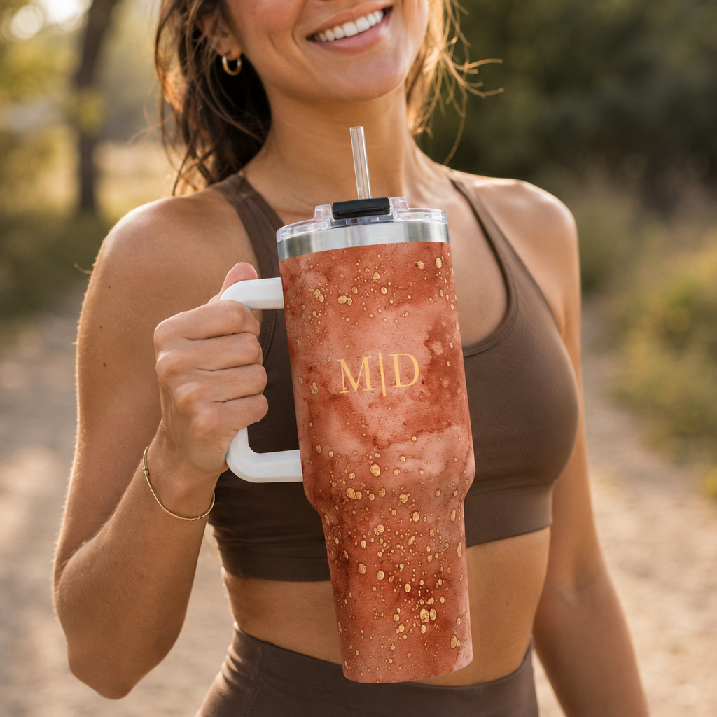 Personalized 40oz Tumbler with Handle - Rust Marble Custom Initials